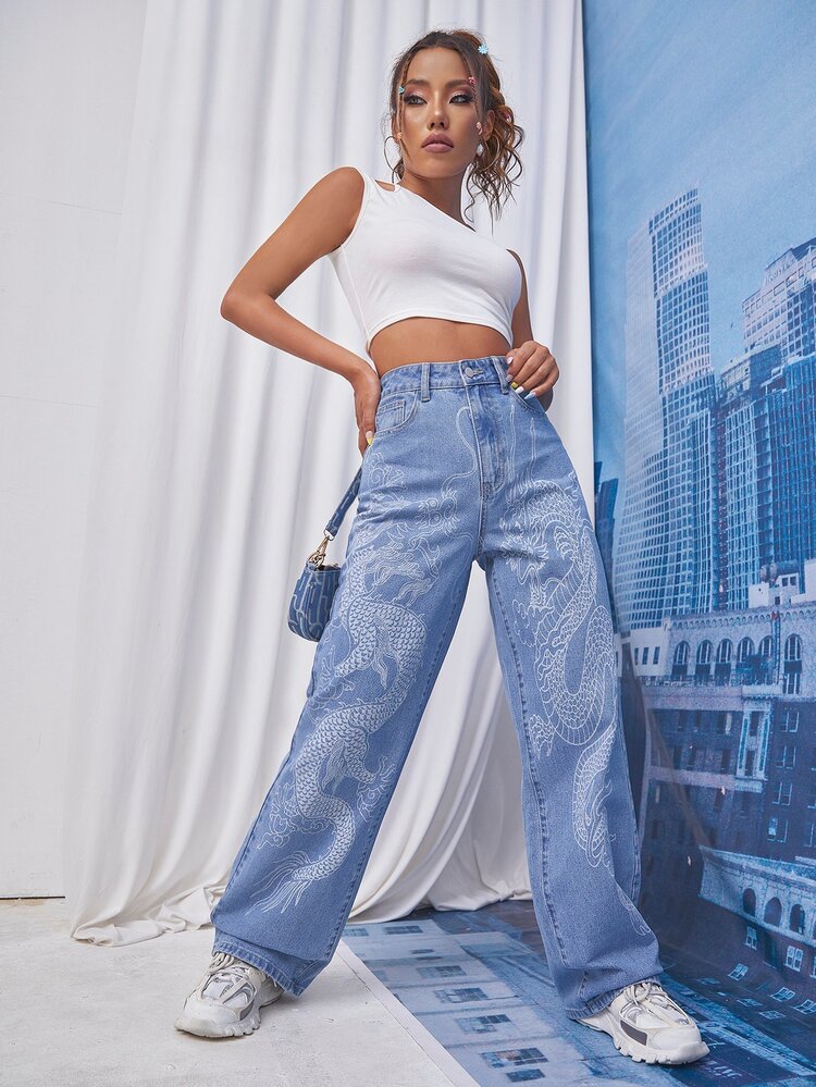 SHEIN EZwear Chinese Dragon Print Jeans - Medium Wash - View 6