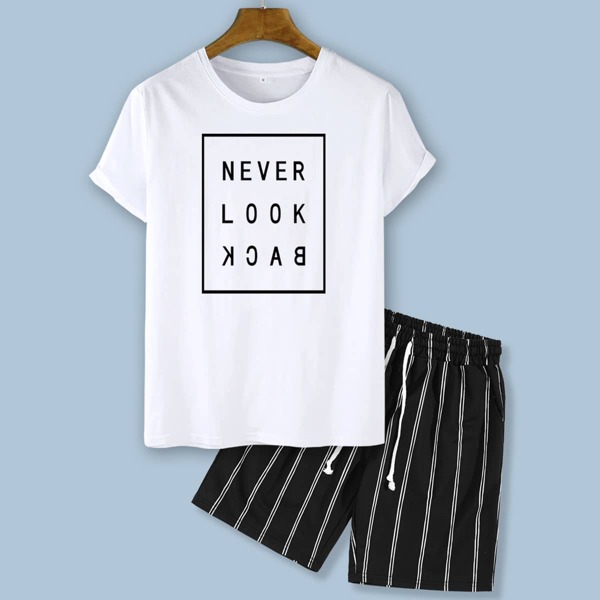 

Men Letter Graphic Tee & Striped Track Shorts, Black and white