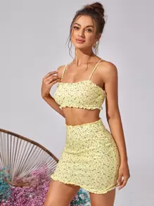 Ditsy Floral Frill Trim Cami Top - Yellow - View 1