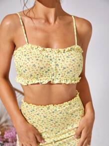 Ditsy Floral Frill Trim Cami Top - Yellow - View 3