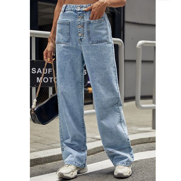 

Pocket Patched Wide Leg Jeans, Medium wash