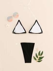 Clear Strap Halter Top & Thong Bikini Set, For Summer Beach Vacation - Black - View 2