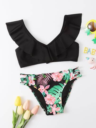 Girls Floral u0026 Tropical Ruffle Bikini Swimsuit  SHEIN South Africa
