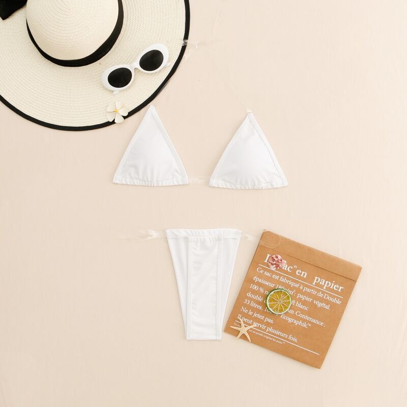 

Clear Strap Triangle Thong Bikini Swimsuit, White