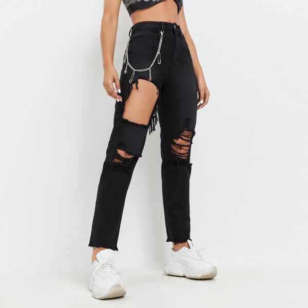 

High Waist Ripped Jeans, Black