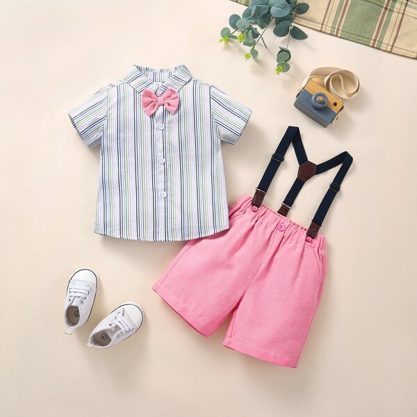 

Baby Boy Striped Bow Shirt With Suspender Shorts, Red