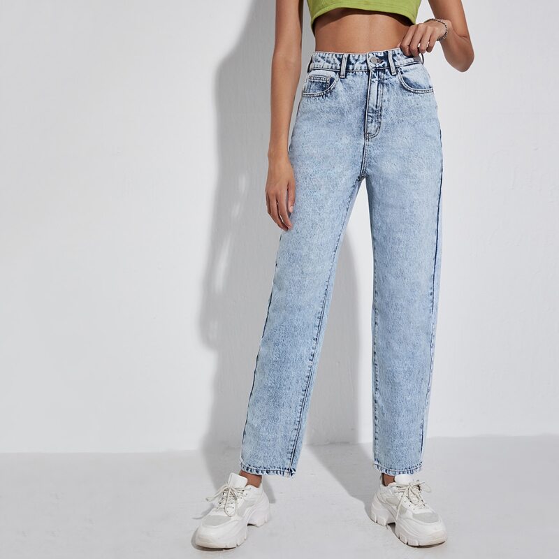 

High Waist Bleach Wash Straight Leg Jeans, Light wash