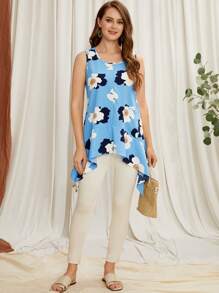 花卉圖案印花口袋在前前短後長襯衫 - 藍色 - 查看 3