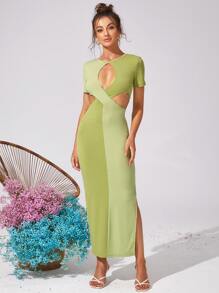 撞色鏤空開衩連衣裙