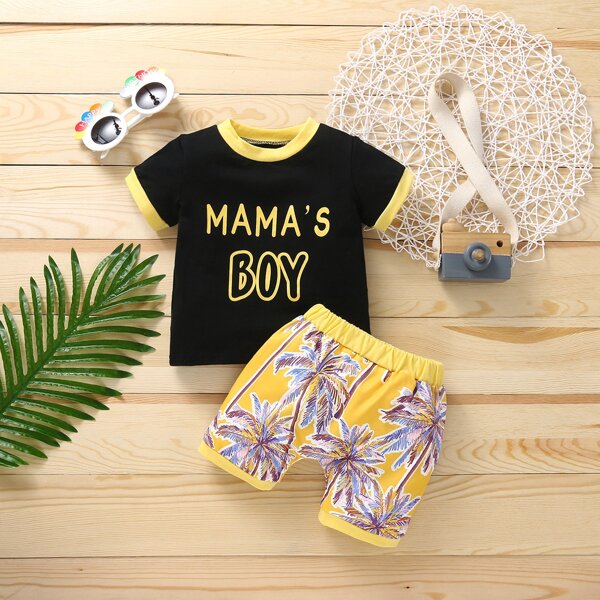 

Baby Boy Letter Graphic Ringer Tee With Tropical Print Shorts, Multicolor