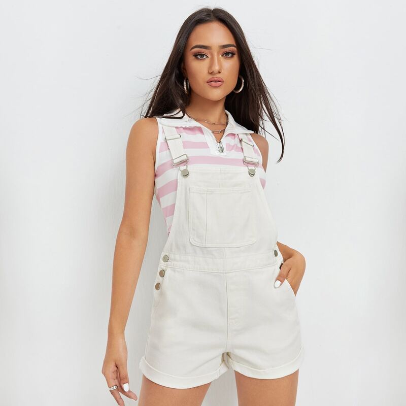 

Pocket Patched Denim Overalls Without Top, White