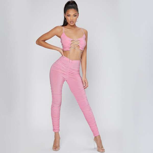 

Rhinestone Lace-Up Cami Crop Top And Ruched High-Rise Leggings Set, Pink