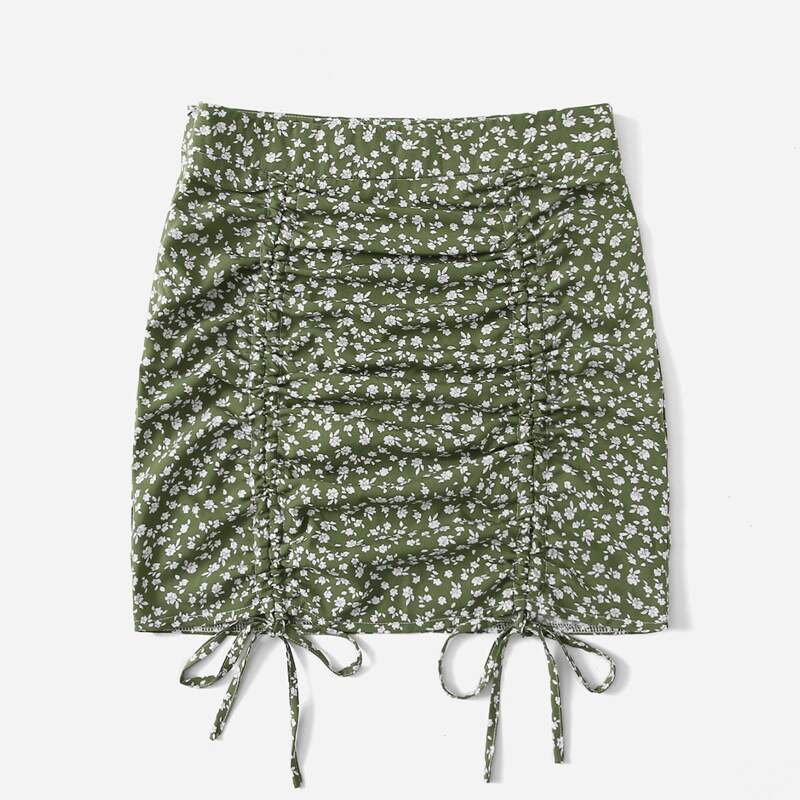 

Ditsy Floral Drawstring Ruched Skirt, Army green