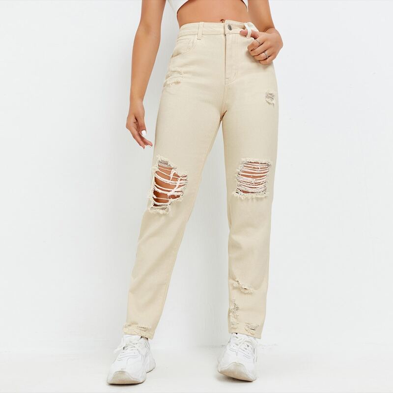 

Ripped Detail Straight Leg Jeans, Khaki