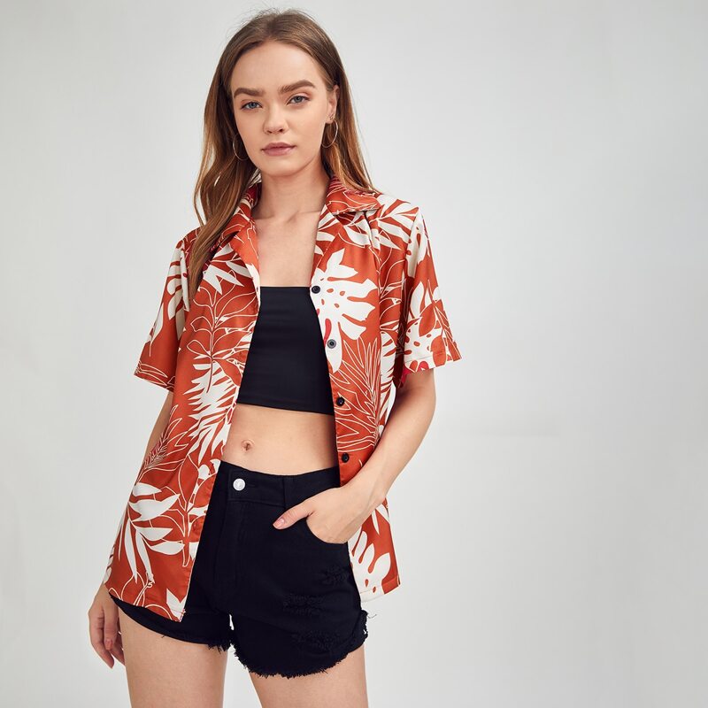 

Leaf Print Button Front Blouse, Multicolor