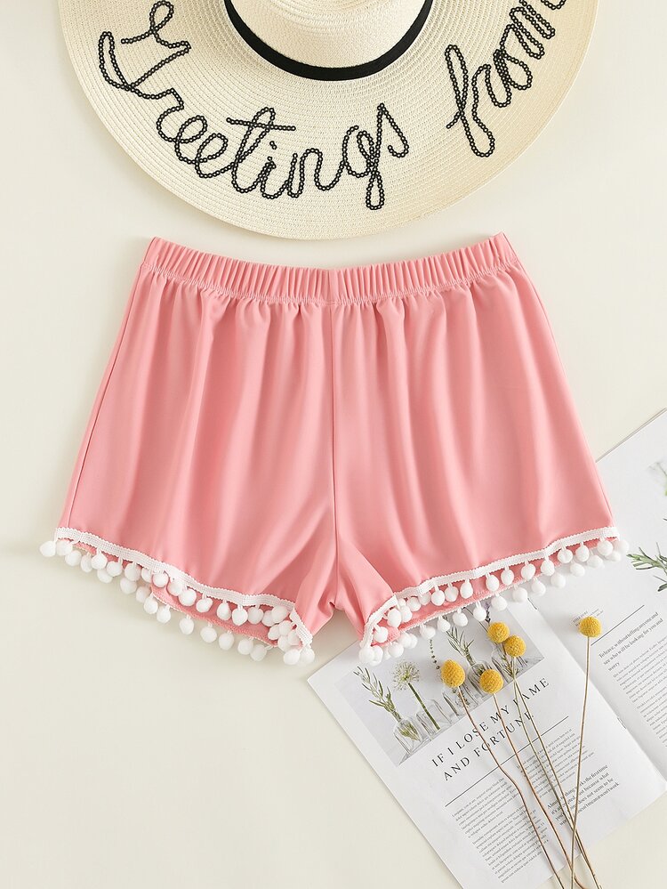 Pom-Pom Trim Bikini Shorts, For Summer Beach Vacation - Baby Pink - View 1