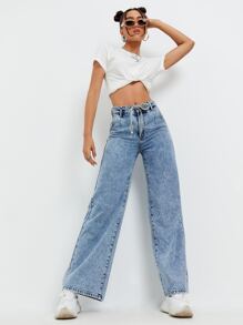Self Belted Wide Leg Jeans - Light Wash - View 1