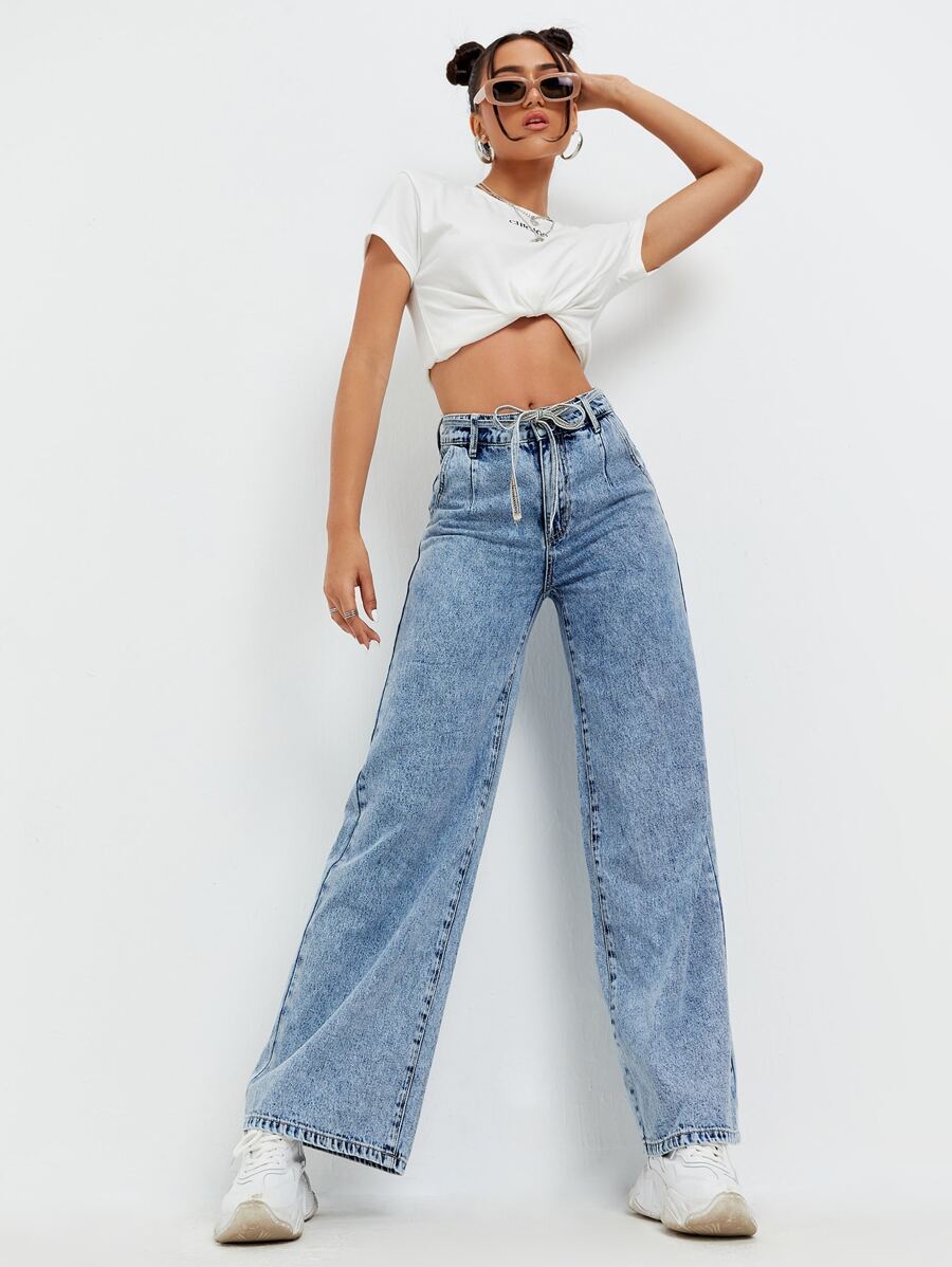 Self Belted Wide Leg Jeans - Light Wash - View 1
