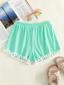 Pom-Pom Trim Bikini Shorts, For Summer Beach Vacation - Mint Green - View 1