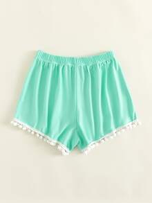 Pom-Pom Trim Bikini Shorts, For Summer Beach Vacation - Mint Green - View 2