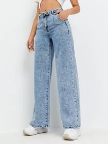Self Belted Wide Leg Jeans - Light Wash - View 3