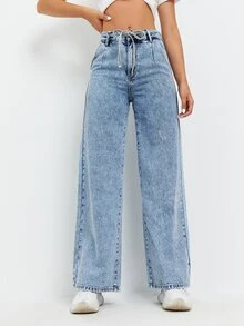 Self Belted Wide Leg Jeans - Light Wash - View 4