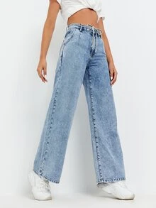 Self Belted Wide Leg Jeans - Light Wash - View 5