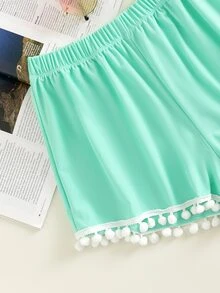 Pom-Pom Trim Bikini Shorts, For Summer Beach Vacation - Mint Green - View 5