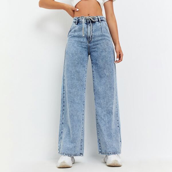 

Self Belted Wide Leg Jeans, Light wash