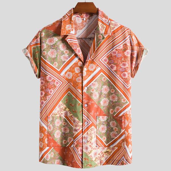 

Men Scarf And Floral Print Button Up Shirt, Multicolor