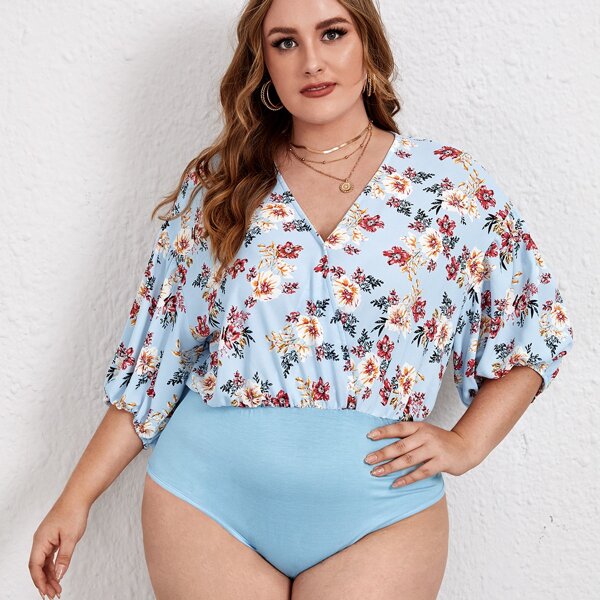 

Plus Floral Print Batwing Sleeve Bodysuit, Multicolor