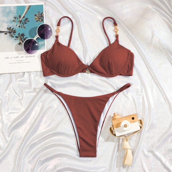 

Rib Underwire Thong Bikini Swimsuit, Rust brown