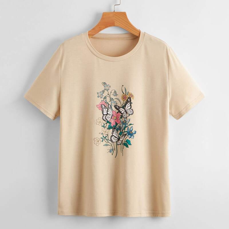 

Butterfly & Floral Graphic Tee, Apricot