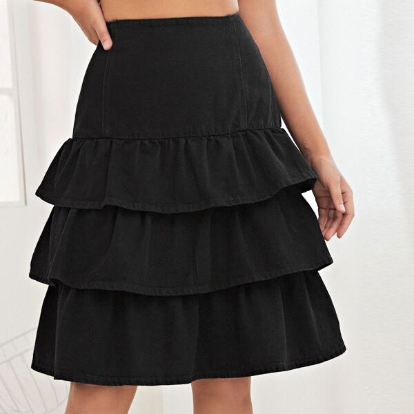 

Zip Back Layered Hem Denim Skirt, Black