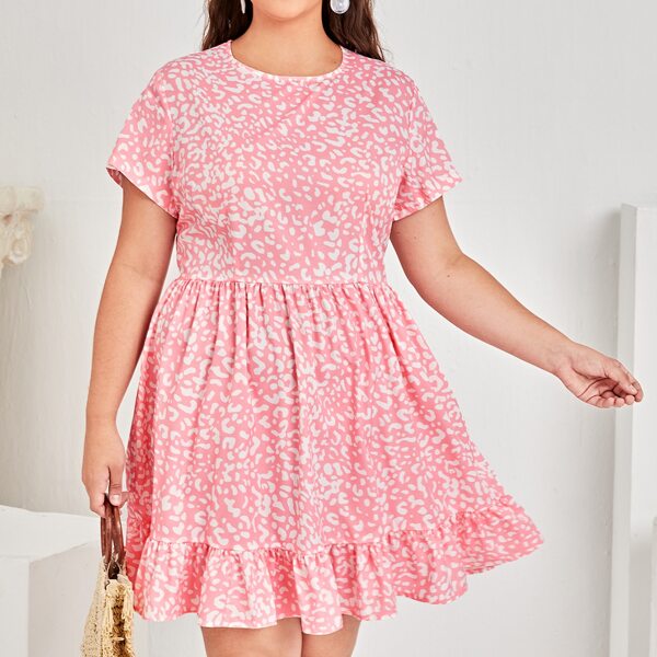 

Plus Allover Print Ruffle Hem A-line Dress, Baby pink