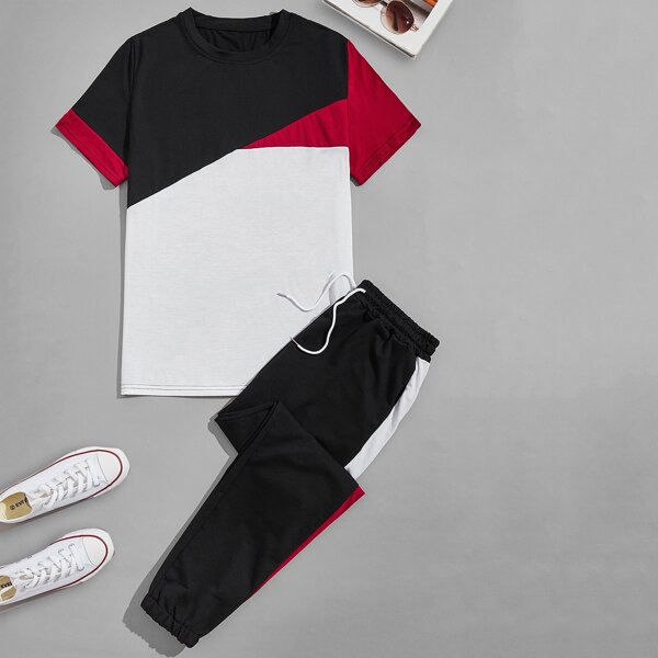 

Men Colorblock Tee With Drawstring Waist Sweatpants, Multicolor