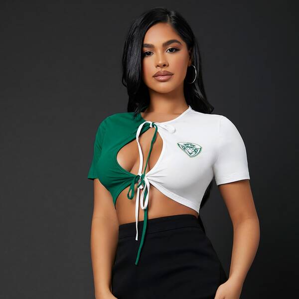 

Tie Front Spliced Crop Top, Multicolor