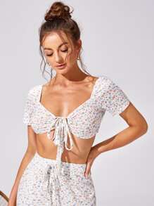 SHEIN WYWH Áo nữ Thắt nơ trước Họa tiết hoa Boho - Nhiều màu - Xem 3