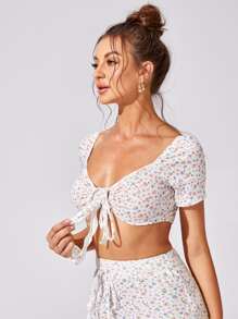SHEIN WYWH Áo nữ Thắt nơ trước Họa tiết hoa Boho - Nhiều màu - Xem 5