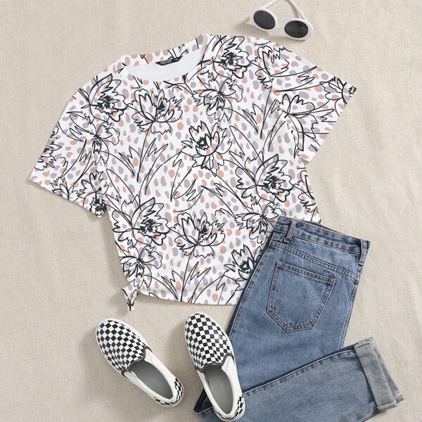 

Plus Floral Print Crew Neck Tee, Multicolor