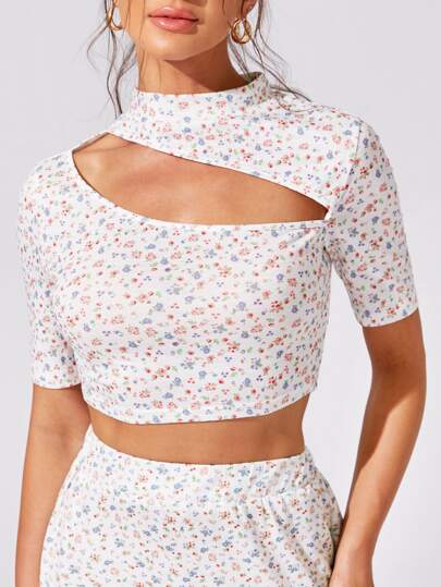 Ditsy Floral Print Cut Out Tee