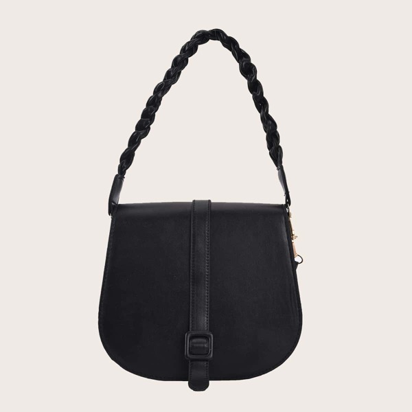 

Buckle Decor Braided Design Shoulder Bag, Black
