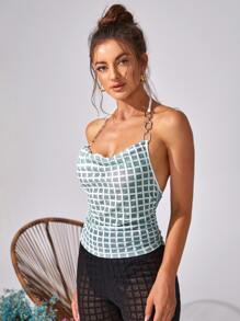 SHEIN Privé 後繫帶格紋繞頸上衣 - 彩色 - 查看 3