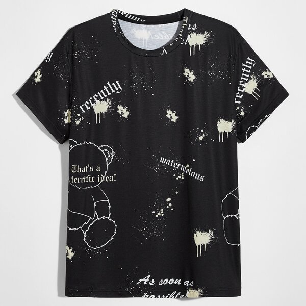 

Men Bear & Slogan Graphic Tee, Black