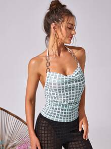 SHEIN Privé 後繫帶格紋繞頸上衣 - 彩色 - 查看 4