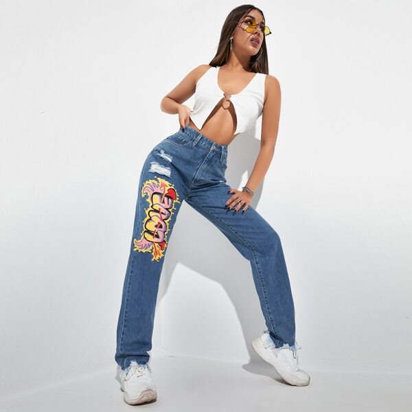 

High Waist Letter Graphic Ripped Jeans, Medium wash