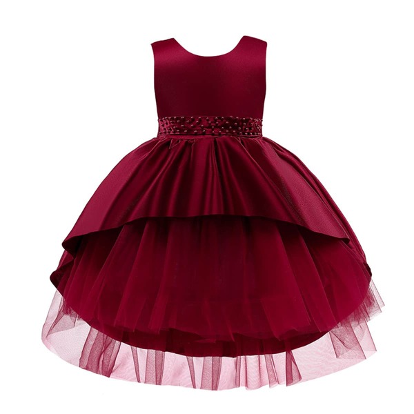 

Girls Bow Back Layered Gown Dress, Burgundy