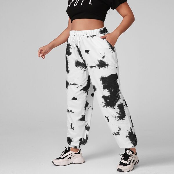 

Plus Tie Dye Drawstring Waist Sweatpants, Black and white
