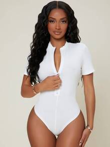 SHEIN SXY Zip Front Skinny Bodysuit - White - View 1