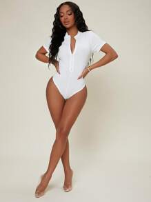 SHEIN SXY Zip Front Skinny Bodysuit - White - View 3